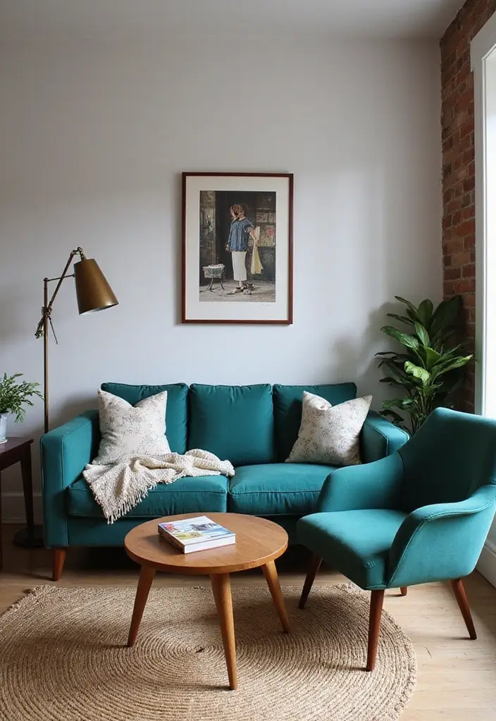 28 Teal Sofa Living Room Ideas That Feel Playful and Modern - 27. Mixing Vintage and Modern