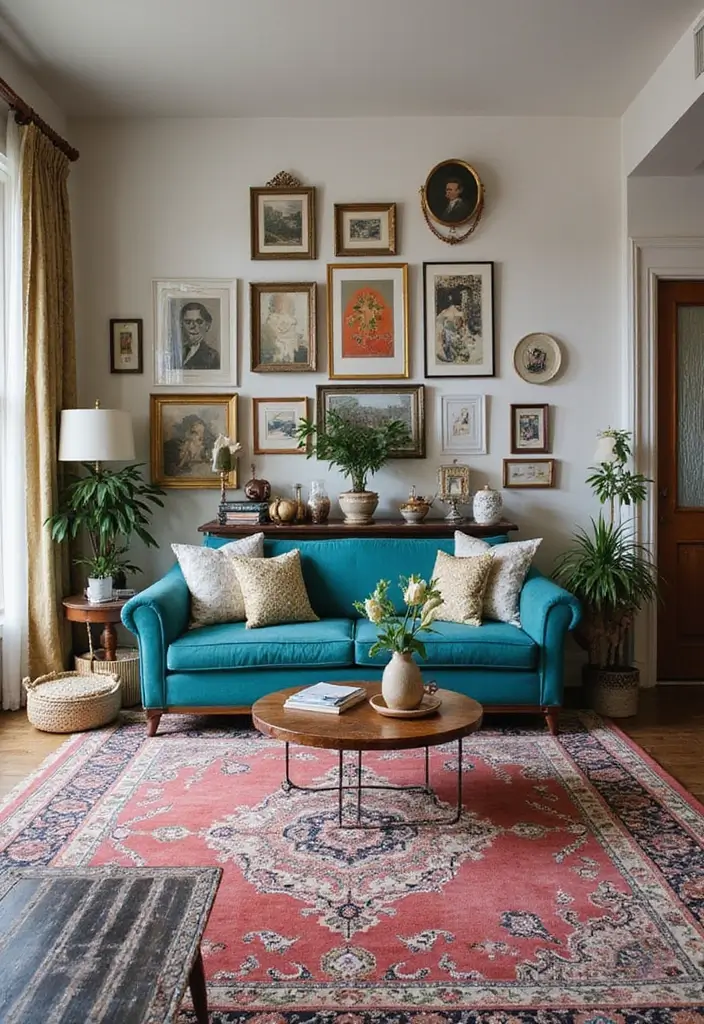 28 Teal Sofa Living Room Ideas That Feel Playful and Modern - 4. Eclectic Layering