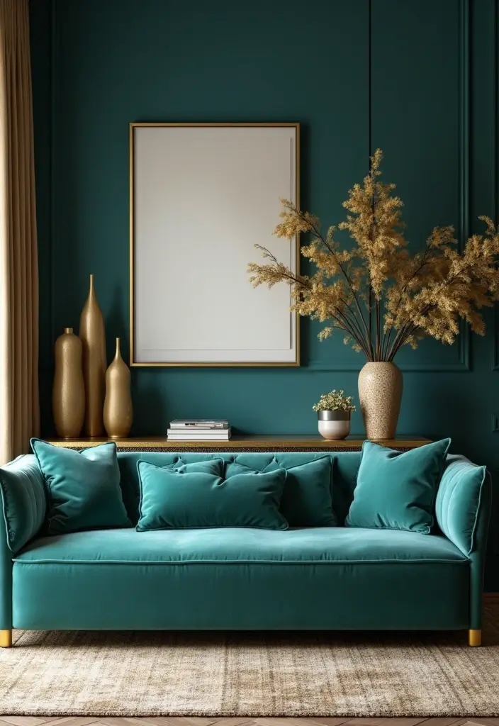 28 Teal Sofa Living Room Ideas That Feel Playful and Modern - 5. Teal and Gold Glam