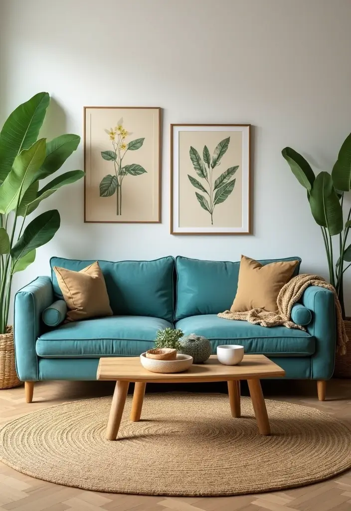 28 Teal Sofa Living Room Ideas That Feel Playful and Modern - 6. Nature-Inspired Retreat