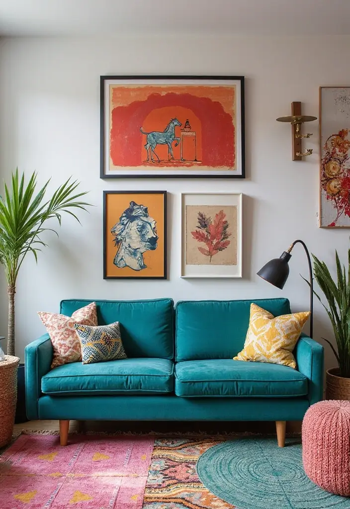 28 Teal Sofa Living Room Ideas That Feel Playful and Modern - 7. Bold Patterns and Prints