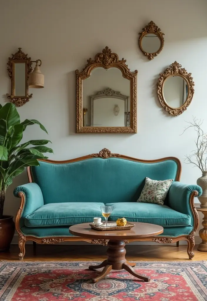 28 Teal Sofa Living Room Ideas That Feel Playful and Modern - 9. Vintage Elegance