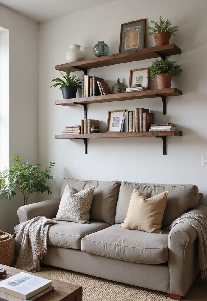 28 Western Living Room Decorating Ideas for Ranch Style Interiors That Feel Authentic - 17. Rustic Wall Shelves