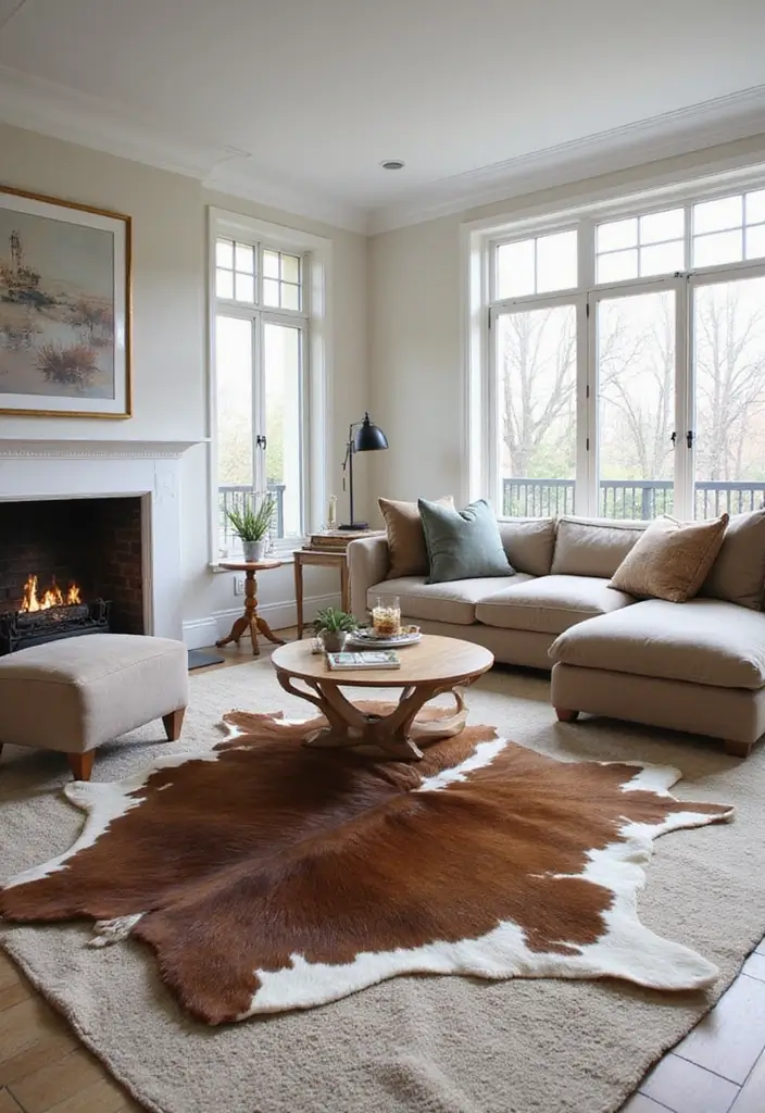 28 Western Living Room Decorating Ideas for Ranch Style Interiors That Feel Authentic - 9. Cowhide Rugs