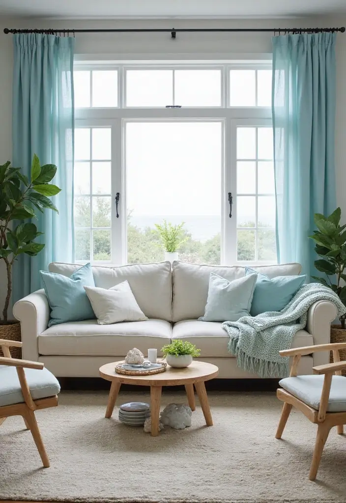 29 Blue Curtains Living Room Ideas That Feel Fresh and Serene - 1. Soft Sky Blue Sheers