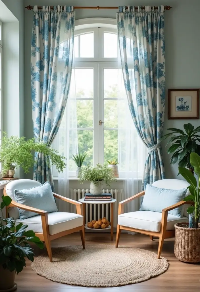 29 Blue Curtains Living Room Ideas That Feel Fresh and Serene - 10. Blue and White Floral Drapery