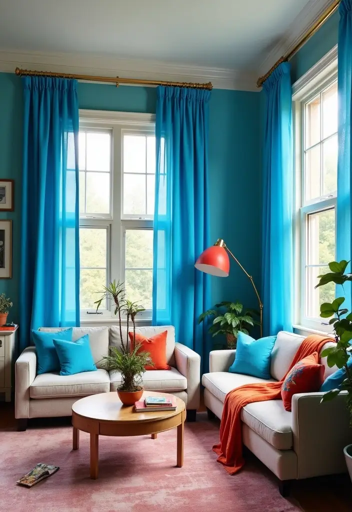 29 Blue Curtains Living Room Ideas That Feel Fresh and Serene - 12. Bright Cobalt Blue Drapes