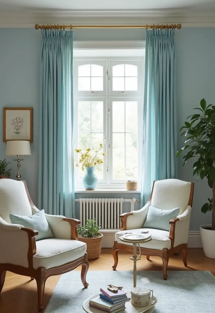 29 Blue Curtains Living Room Ideas That Feel Fresh and Serene - 14. Classic Baby Blue Drapes