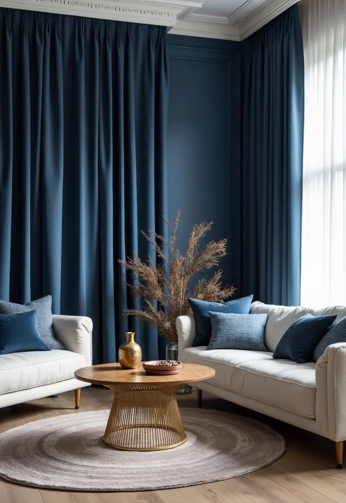 29 Blue Curtains Living Room Ideas That Feel Fresh and Serene - 15. Rich Indigo Curtains