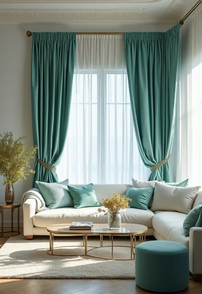 29 Blue Curtains Living Room Ideas That Feel Fresh and Serene - 17. Shimmering Turquoise Drapes