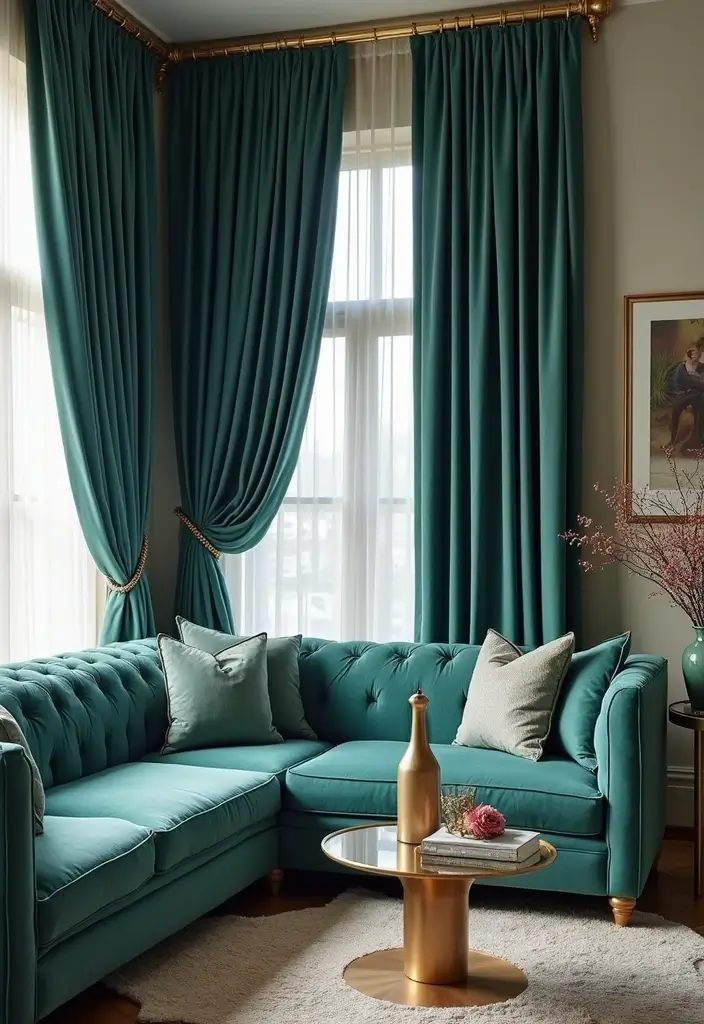29 Blue Curtains Living Room Ideas That Feel Fresh and Serene - 19. Elegant Teal Silk Curtains
