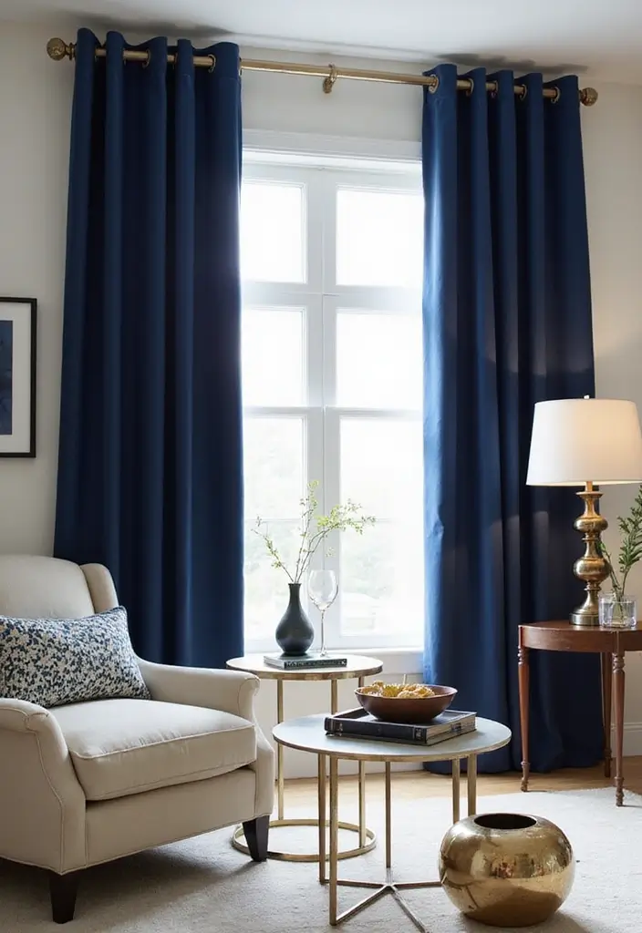 29 Blue Curtains Living Room Ideas That Feel Fresh and Serene - 2. Navy Grommet Curtains