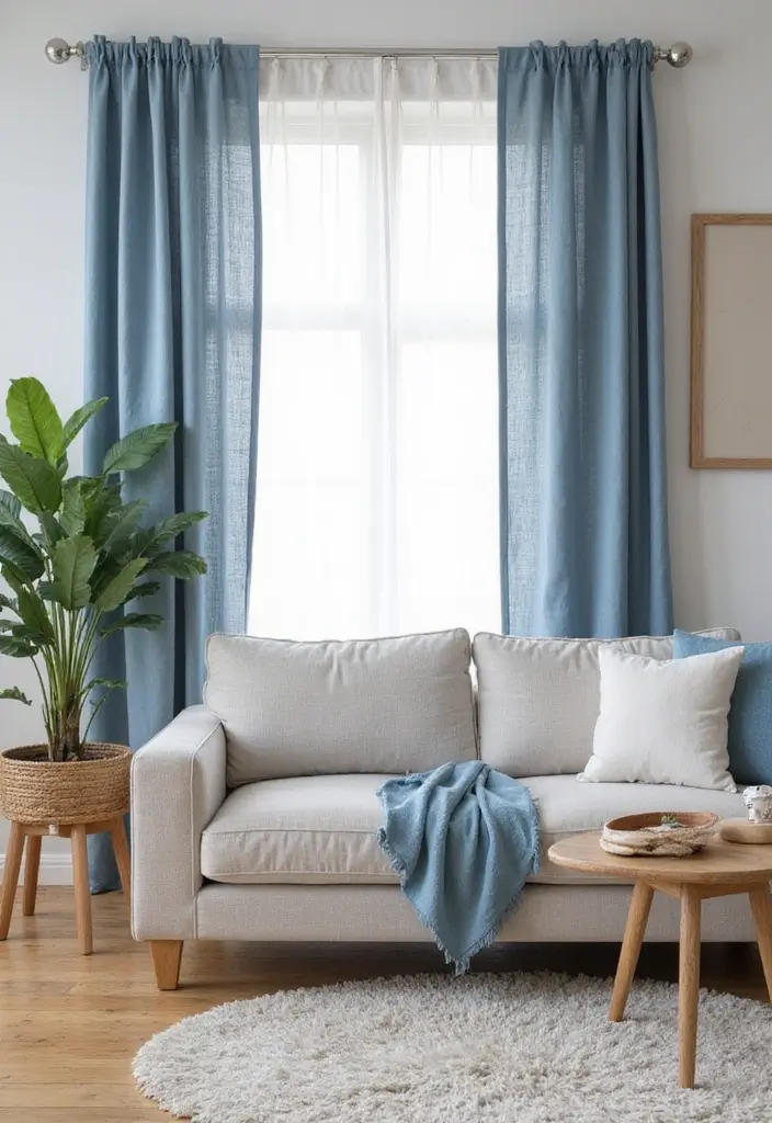 29 Blue Curtains Living Room Ideas That Feel Fresh and Serene - 20. Light Denim Textured Curtains