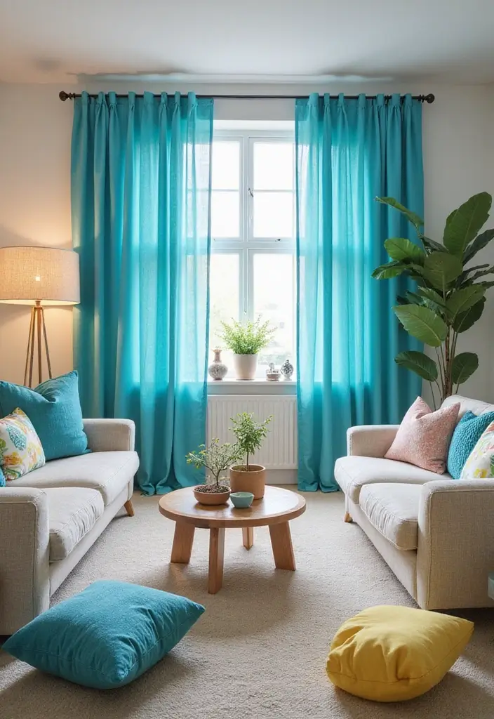 29 Blue Curtains Living Room Ideas That Feel Fresh and Serene - 21. Bright Azure Curtains