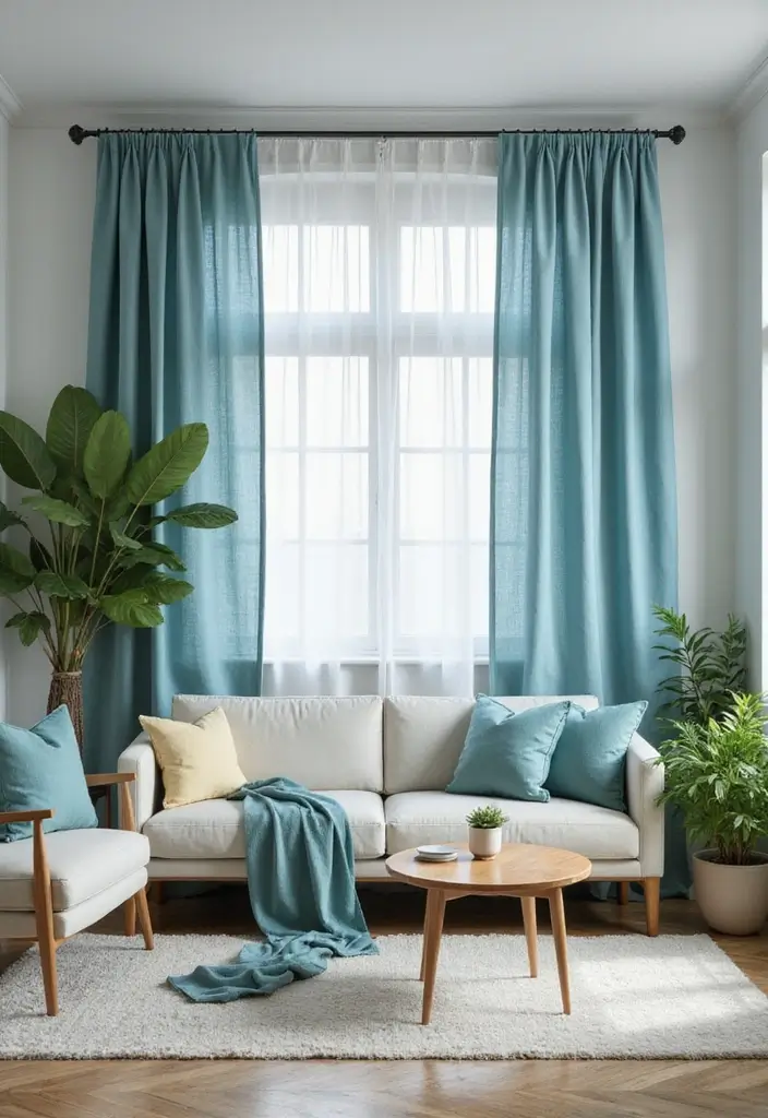 29 Blue Curtains Living Room Ideas That Feel Fresh and Serene - 22. Subtle Cerulean Drapes
