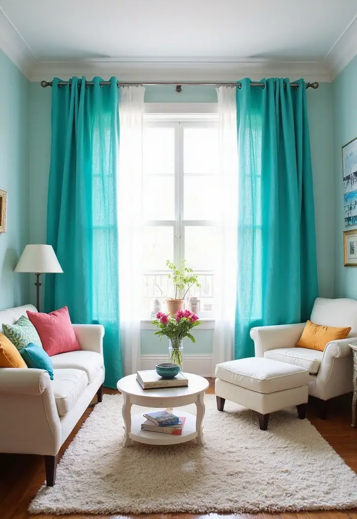 29 Blue Curtains Living Room Ideas That Feel Fresh and Serene - 23. Wavy Aqua Curtains