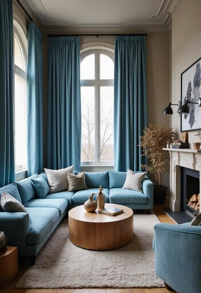 29 Blue Curtains Living Room Ideas That Feel Fresh and Serene - 24. Soft Blue Velvet Drapes