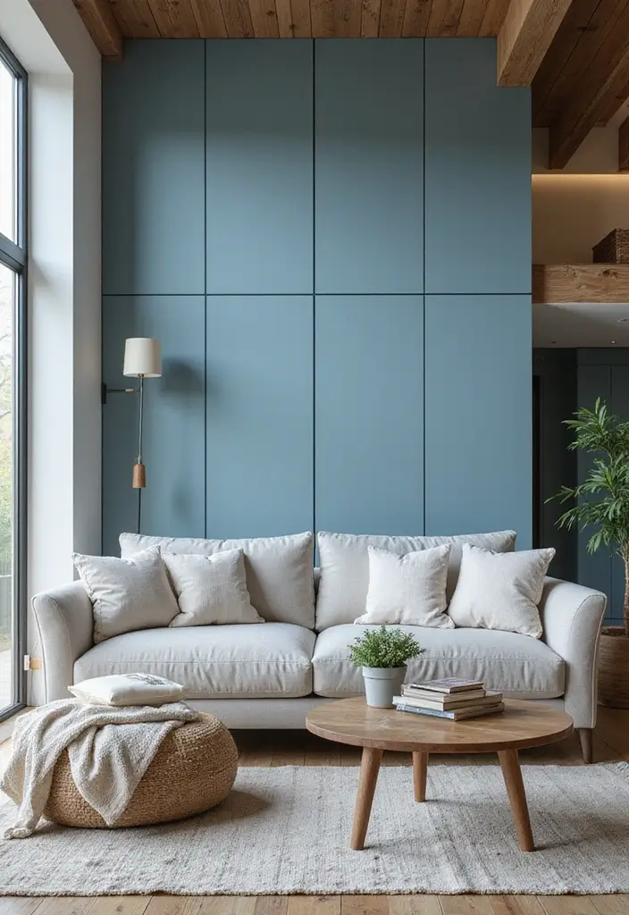 29 Blue Curtains Living Room Ideas That Feel Fresh and Serene - 25. Cool Marine Blue Panels