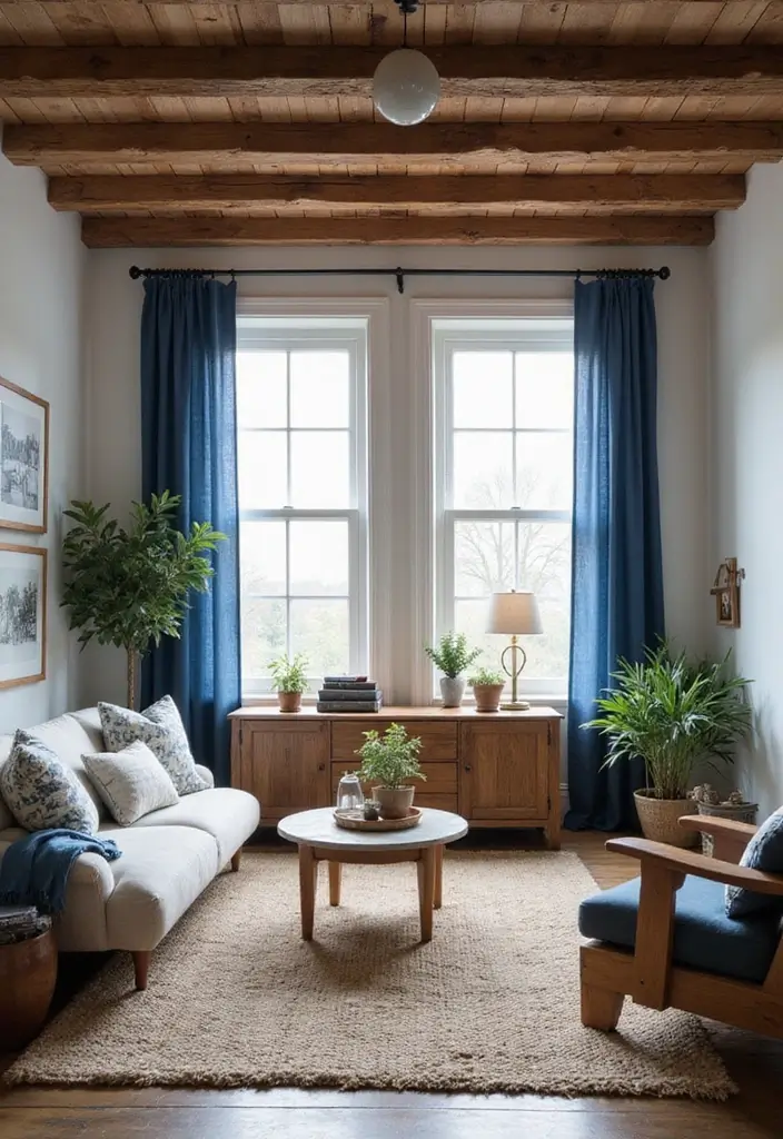 29 Blue Curtains Living Room Ideas That Feel Fresh and Serene - 26. Rustic Blue Canvas Curtains