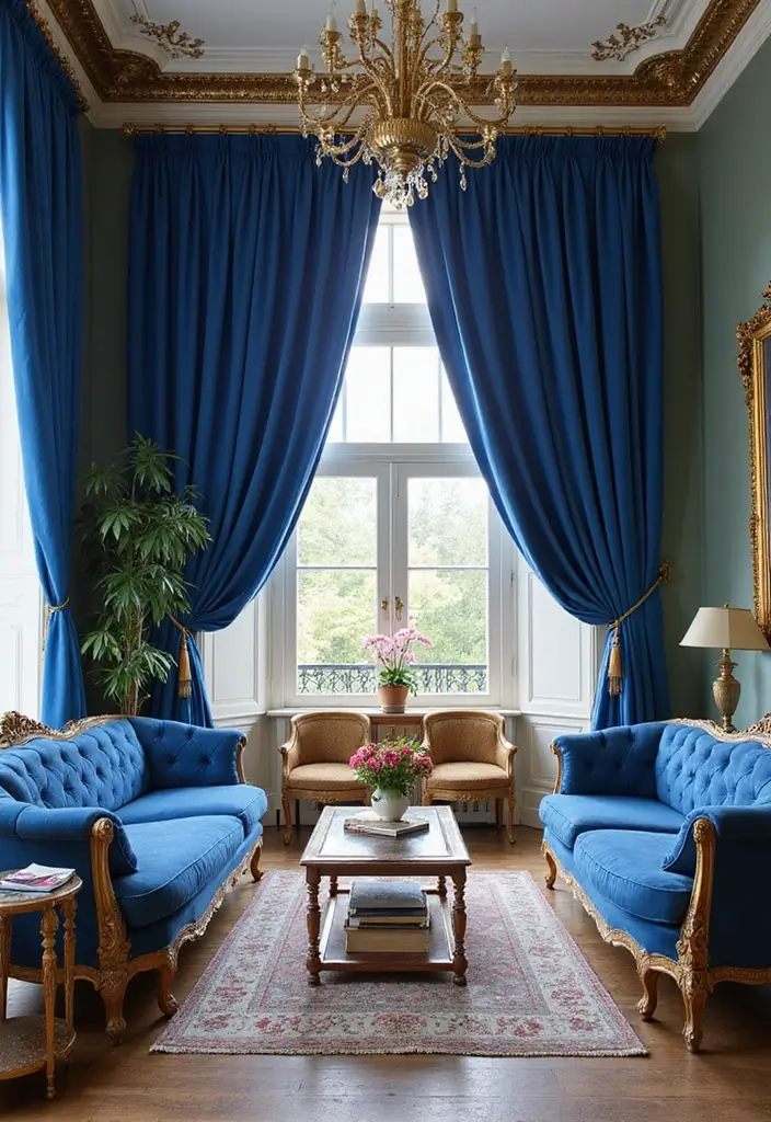 29 Blue Curtains Living Room Ideas That Feel Fresh and Serene - 27. Classic Royal Blue Curtains