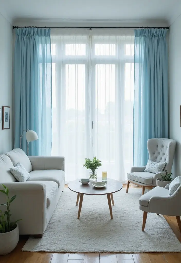 29 Blue Curtains Living Room Ideas That Feel Fresh and Serene - 28. Ethereal Light Blue Sheer
