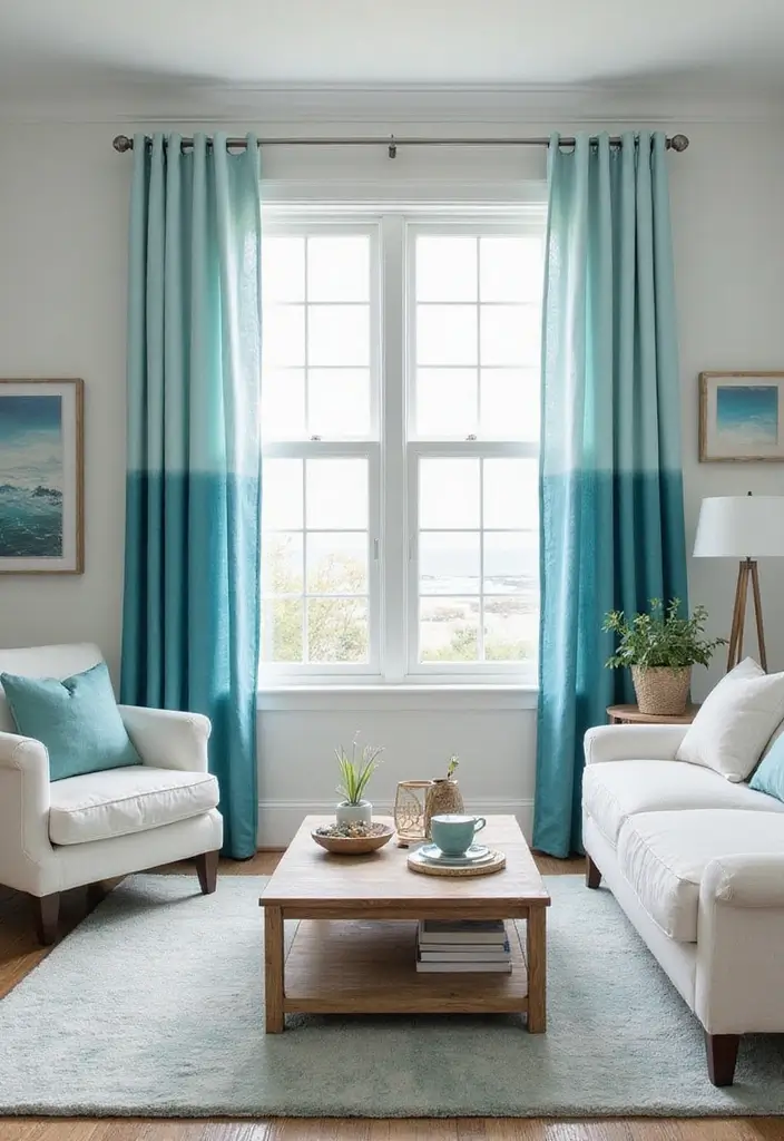 29 Blue Curtains Living Room Ideas That Feel Fresh and Serene - 29. Ocean Wave Ombre Drapes