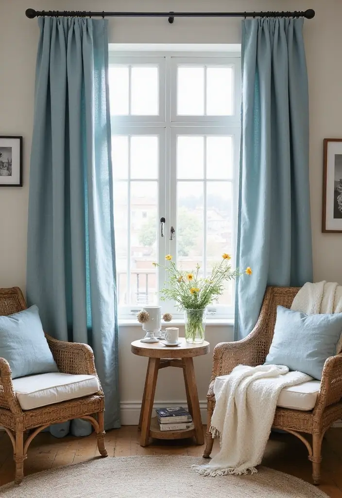 29 Blue Curtains Living Room Ideas That Feel Fresh and Serene - 3. Light Blue Linen Drapes