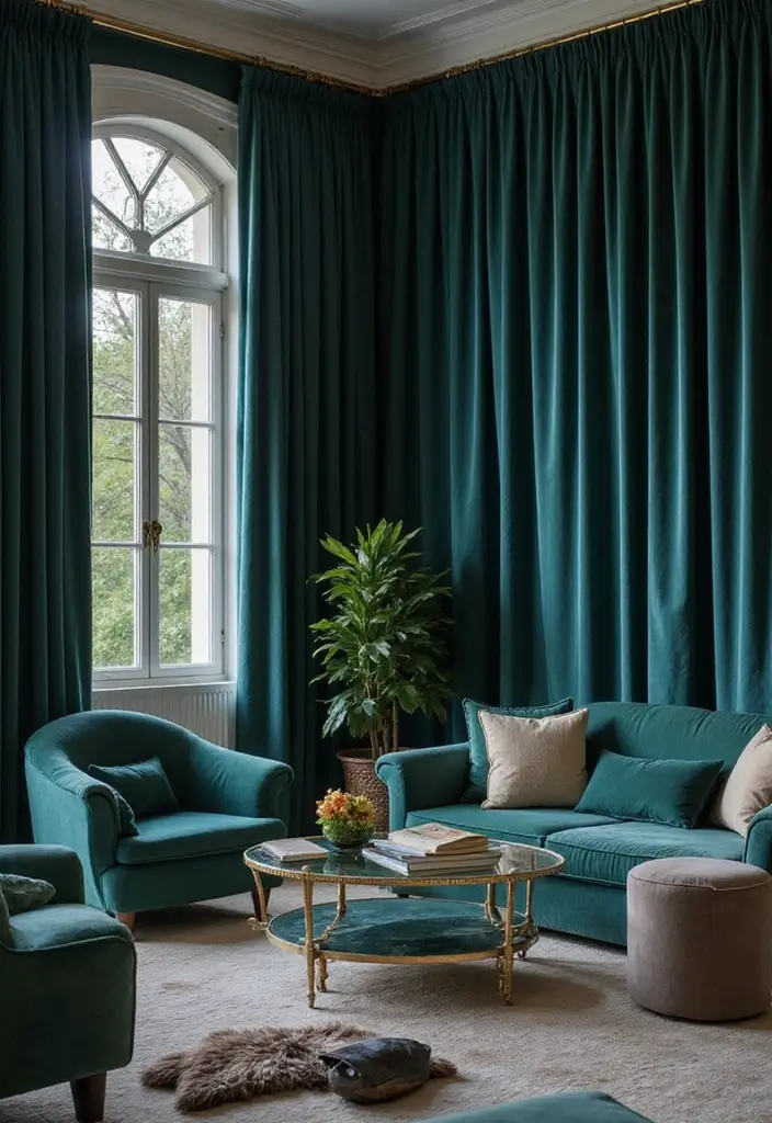 29 Blue Curtains Living Room Ideas That Feel Fresh and Serene - 5. Dark Teal Velvet Panels