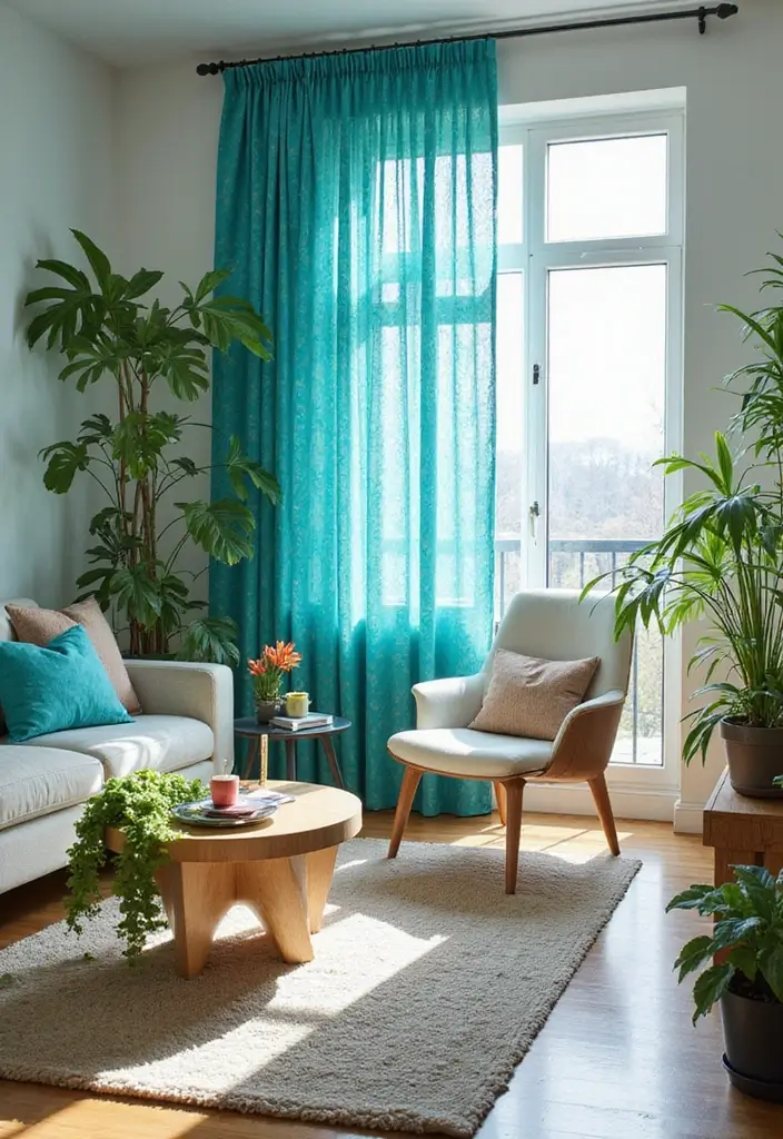 29 Blue Curtains Living Room Ideas That Feel Fresh and Serene - 8. Bold Turquoise Prints