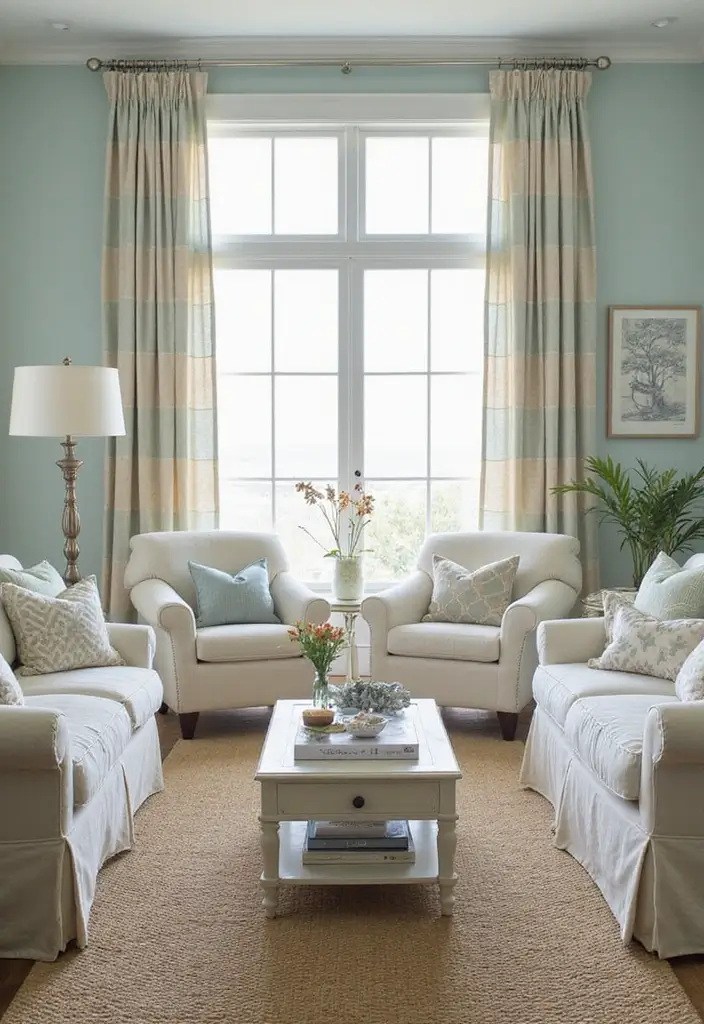 29 Blue Curtains Living Room Ideas That Feel Fresh and Serene - 9. Coastal Striped Curtains