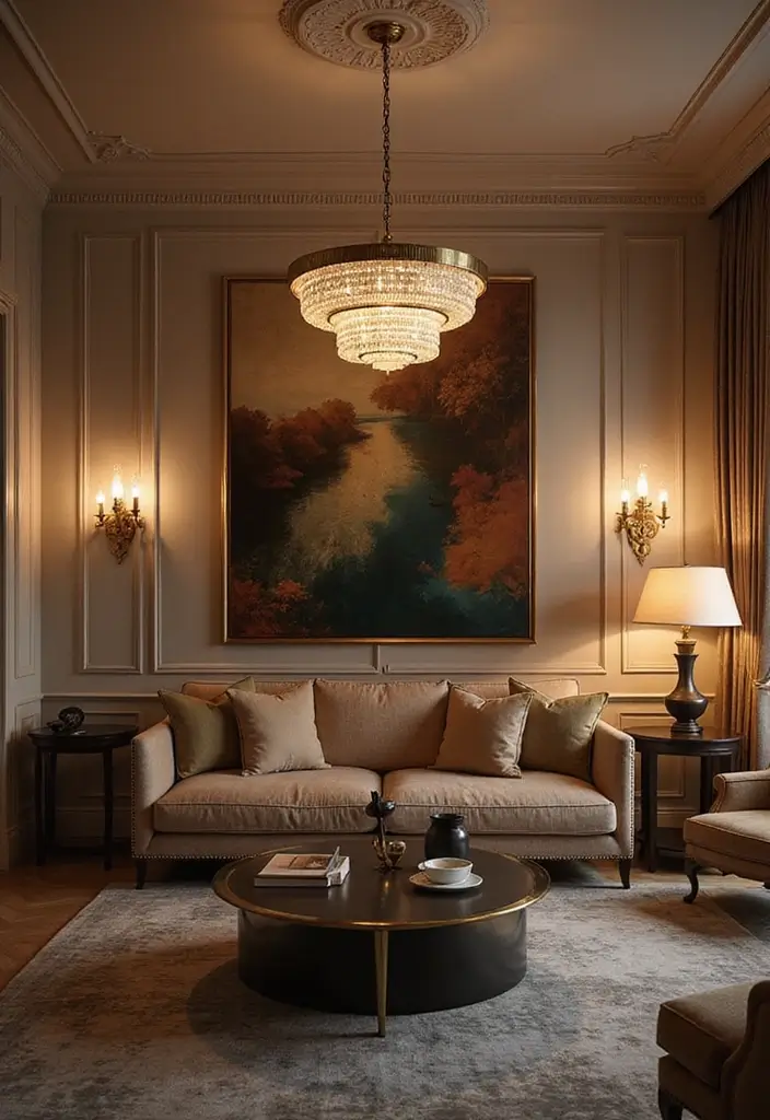 29 Dream Living Room Luxury Ideas That Feel Opulent and Modern - 15. Layered Lighting for Dramatic Effect