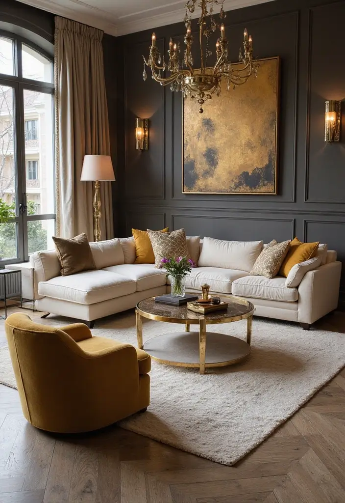 29 Dream Living Room Luxury Ideas That Feel Opulent and Modern - 17. Incorporating Metallic Accents