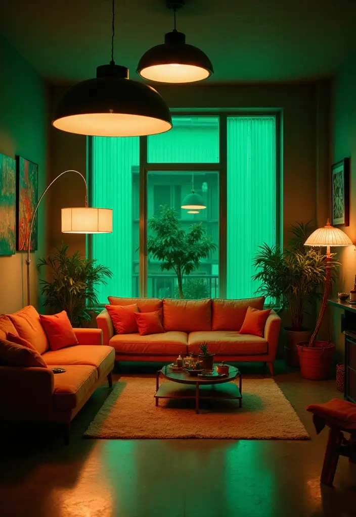29 Green and Orange Living Room Ideas That Feel Fresh and Vibrant - 10. Green and Orange Lighting