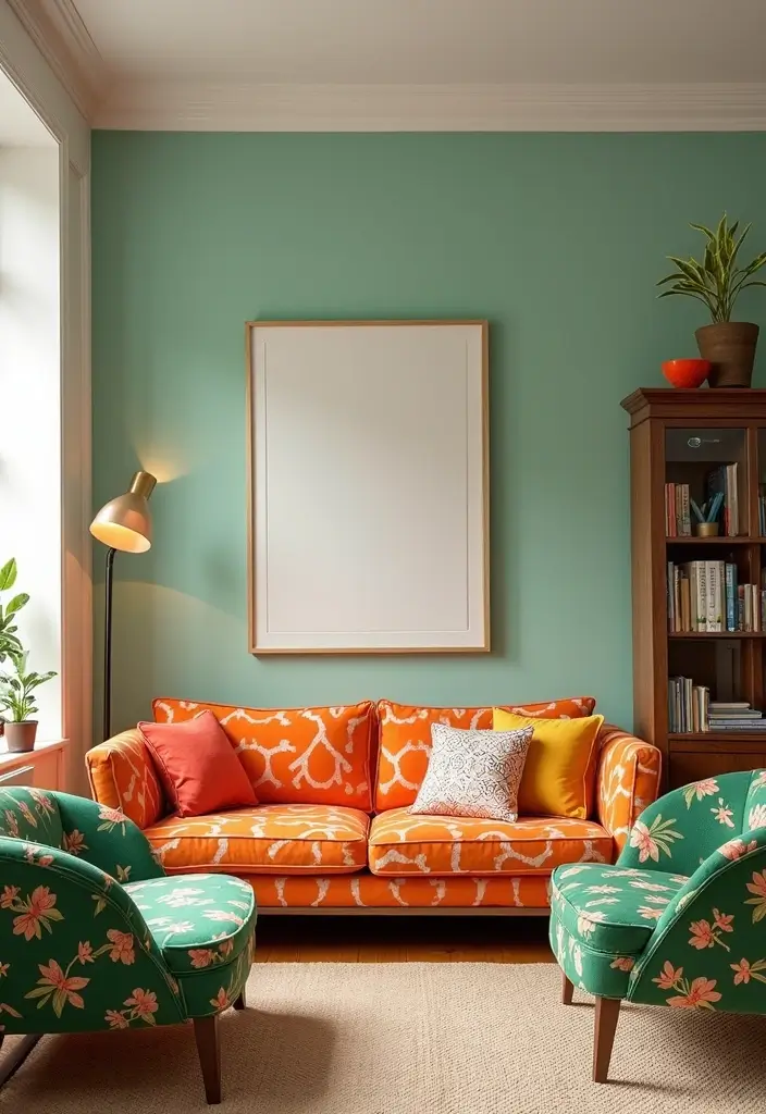 29 Green and Orange Living Room Ideas That Feel Fresh and Vibrant - 11. Mixed Pattern Furniture