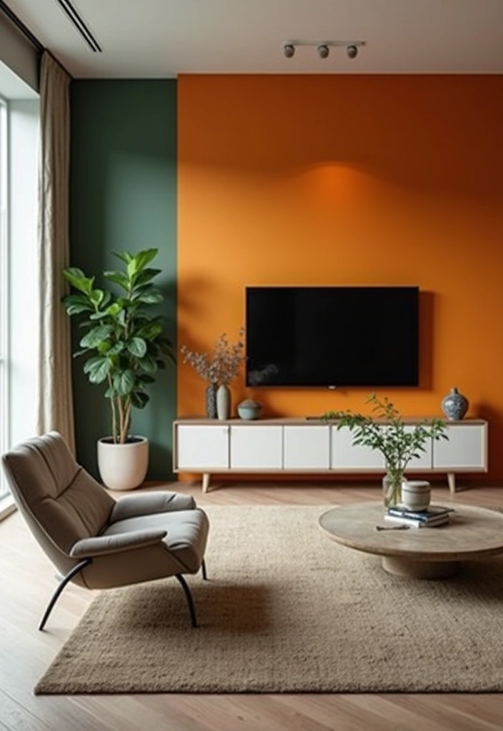 29 Green and Orange Living Room Ideas That Feel Fresh and Vibrant - 12. Bold Accent Walls