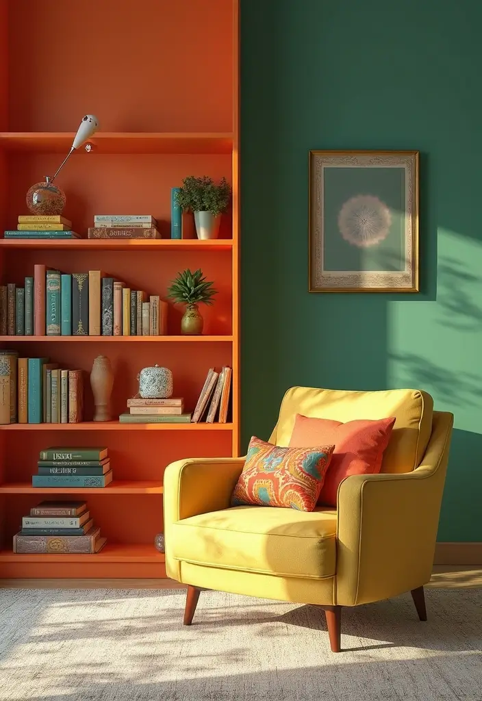 29 Green and Orange Living Room Ideas That Feel Fresh and Vibrant - 14. Colorful Bookshelves