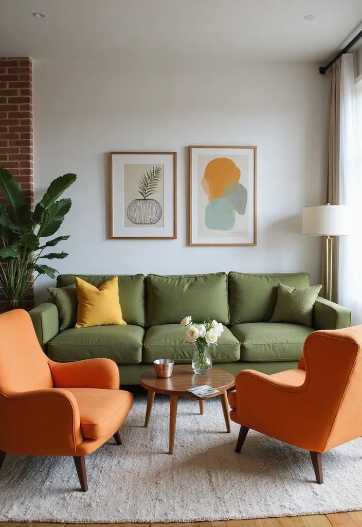 29 Green and Orange Living Room Ideas That Feel Fresh and Vibrant - 15. Orange Accent Chairs