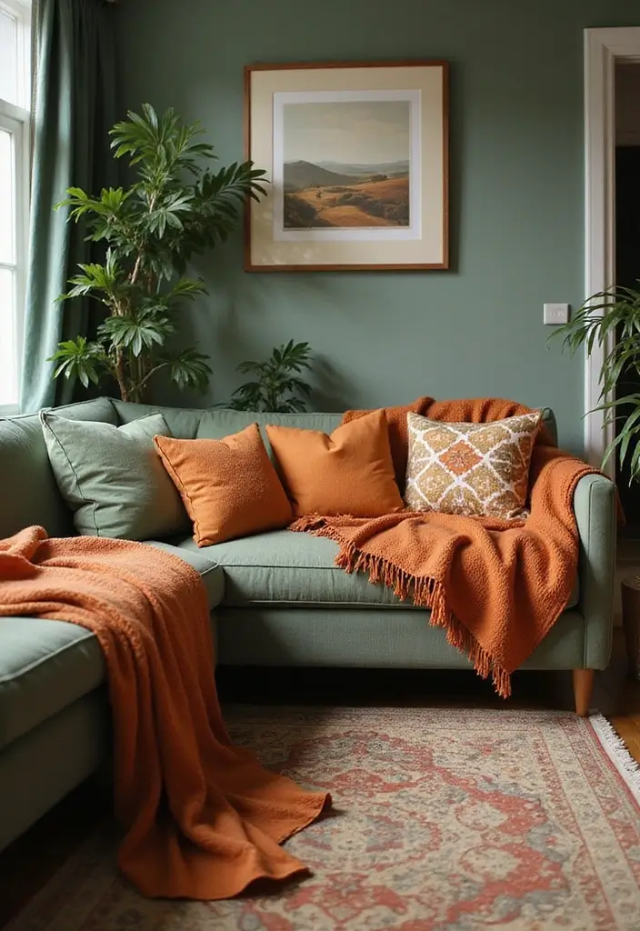 29 Green and Orange Living Room Ideas That Feel Fresh and Vibrant - 16. Layered Textiles