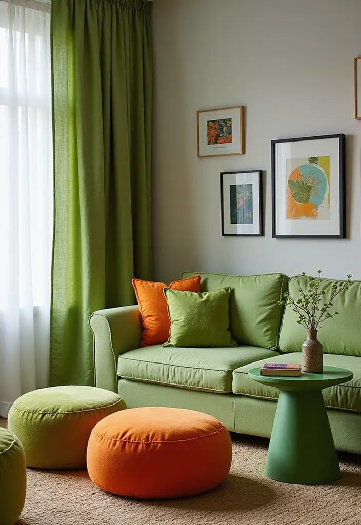 29 Green and Orange Living Room Ideas That Feel Fresh and Vibrant - 17. Green and Orange Furniture Accents