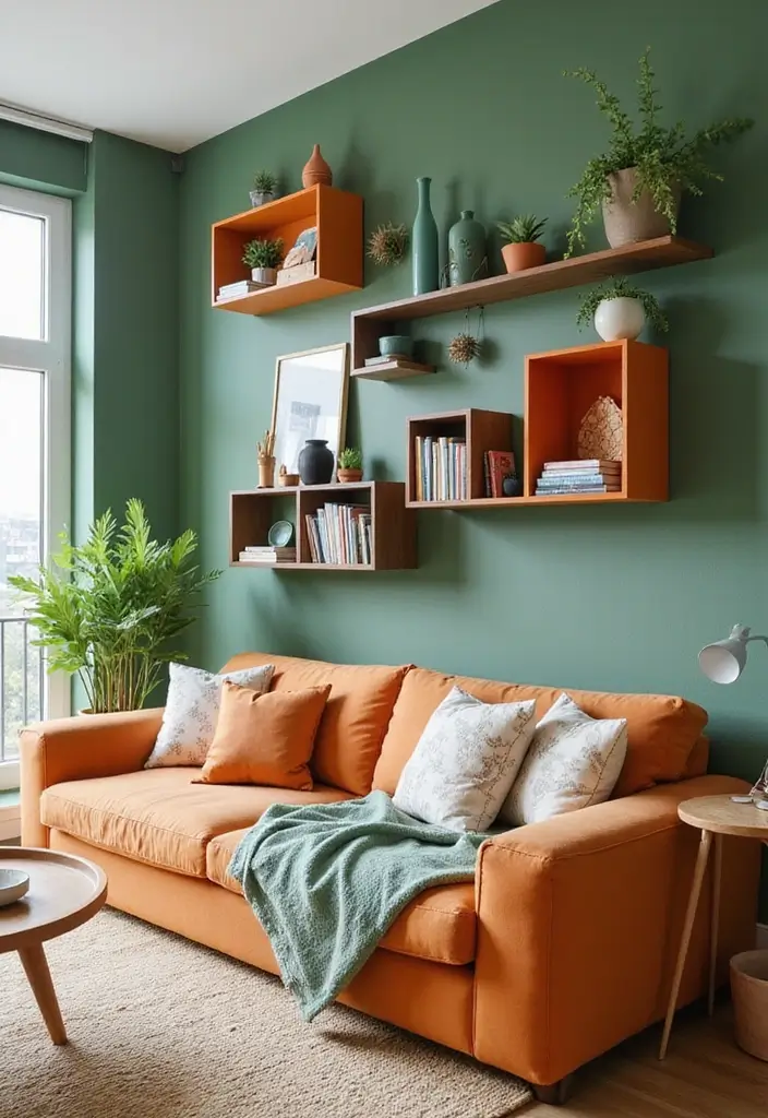 29 Green and Orange Living Room Ideas That Feel Fresh and Vibrant - 18. Playful Wall Shelving