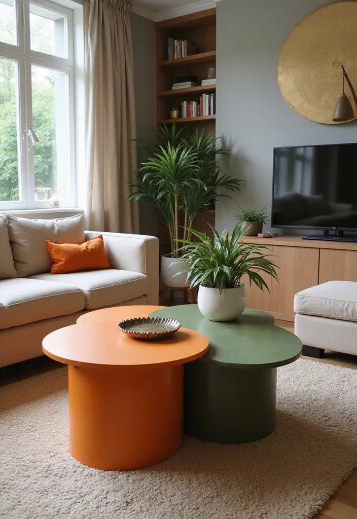 29 Green and Orange Living Room Ideas That Feel Fresh and Vibrant - 19. Unique Coffee Tables