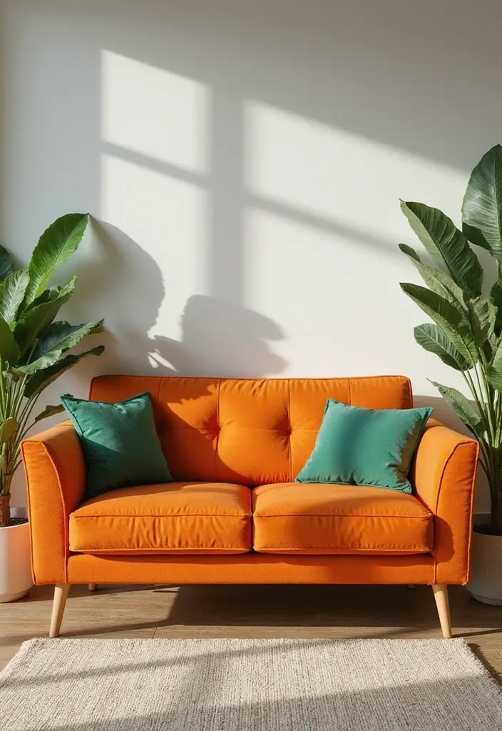 29 Green and Orange Living Room Ideas That Feel Fresh and Vibrant - 2. Statement Orange Sofa