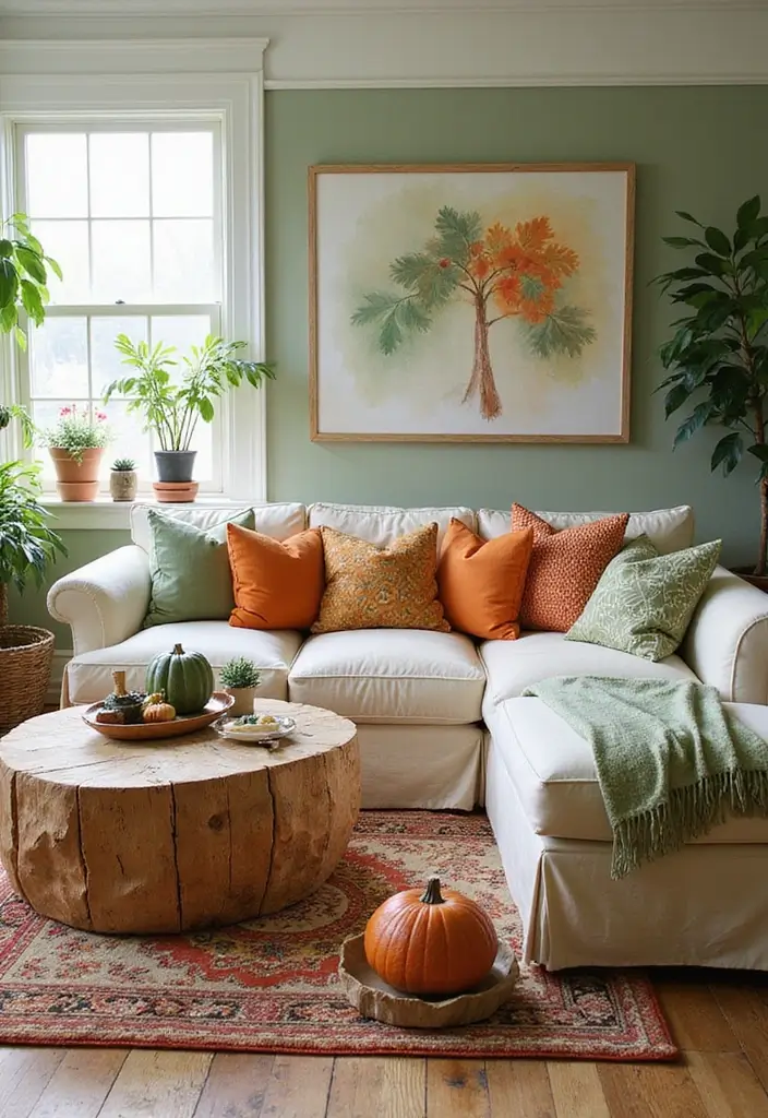 29 Green and Orange Living Room Ideas That Feel Fresh and Vibrant - 20. Seasonal Decor Swaps