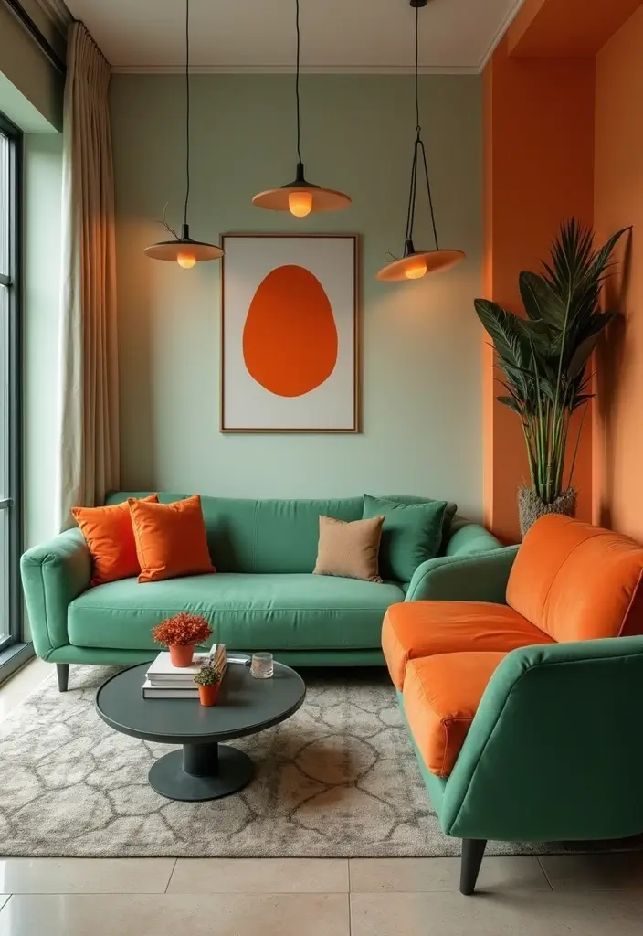 29 Green and Orange Living Room Ideas That Feel Fresh and Vibrant - 21. Bold Hardware Choices