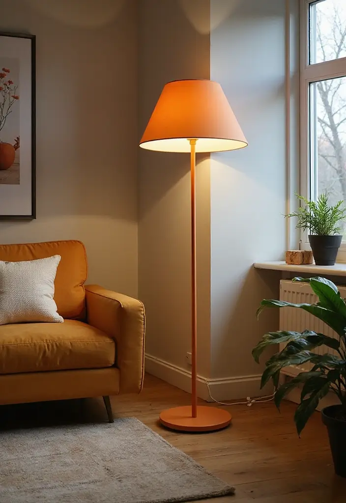 29 Green and Orange Living Room Ideas That Feel Fresh and Vibrant - 24. Stylish Floor Lamps