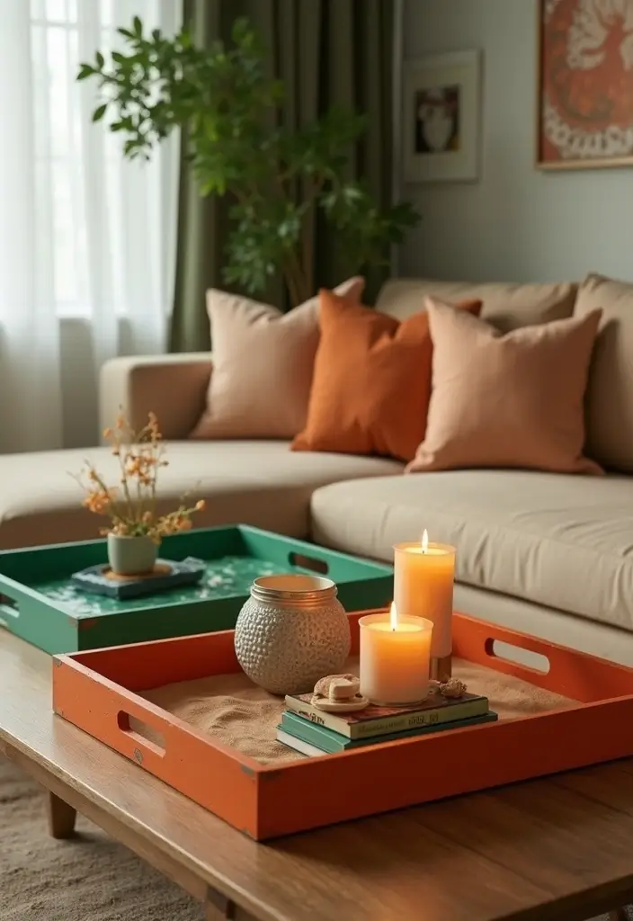 29 Green and Orange Living Room Ideas That Feel Fresh and Vibrant - 25. Decorative Trays