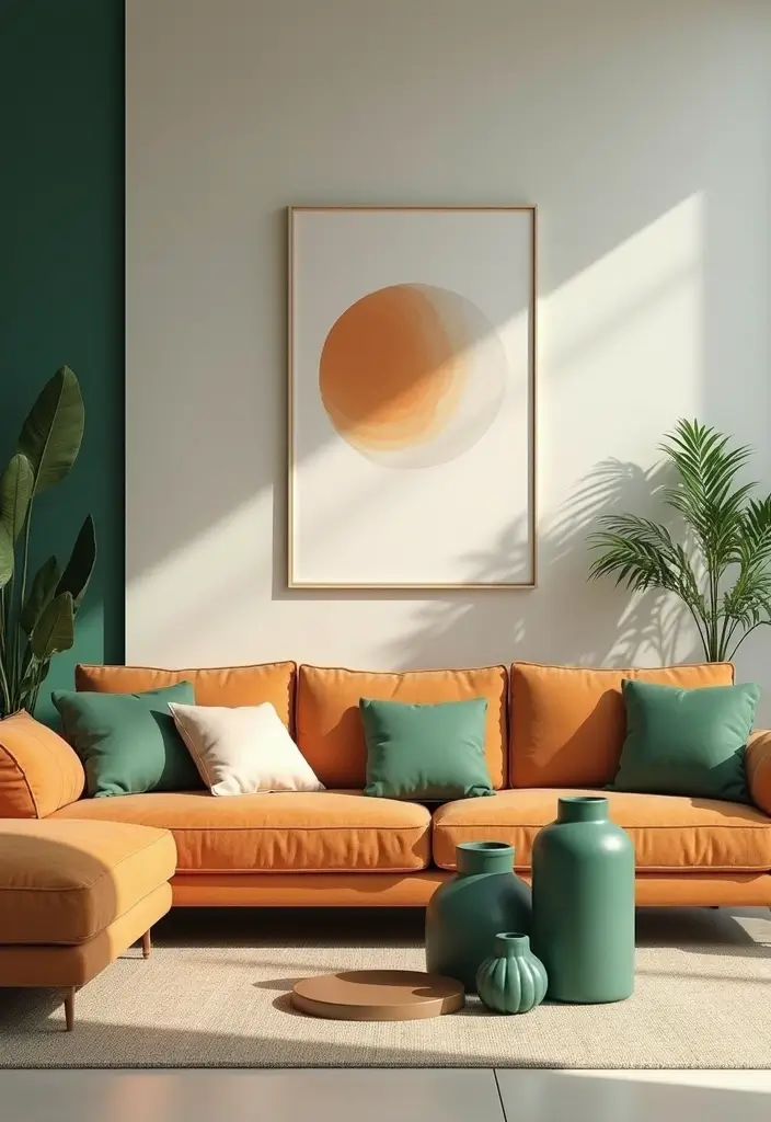 29 Green and Orange Living Room Ideas That Feel Fresh and Vibrant - 27. Geometric Decor Elements