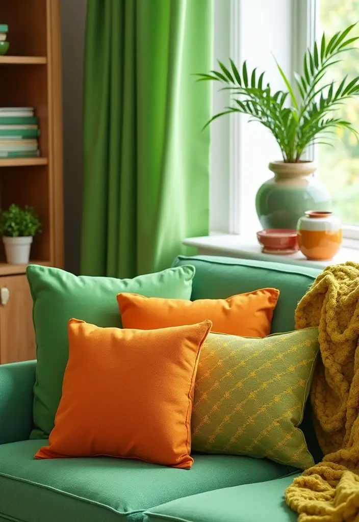 29 Green and Orange Living Room Ideas That Feel Fresh and Vibrant - 28. Bright Accessories