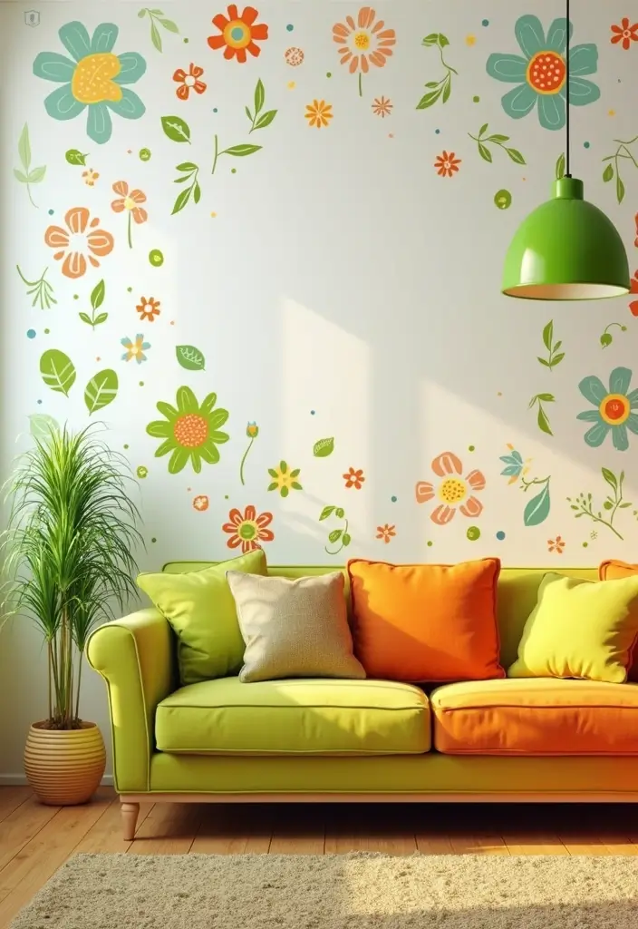 29 Green and Orange Living Room Ideas That Feel Fresh and Vibrant - 29. Fun Wall Decals