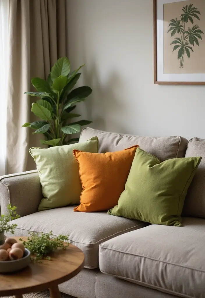 29 Green and Orange Living Room Ideas That Feel Fresh and Vibrant - 4. Colorful Throw Pillows